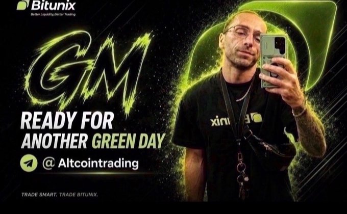 A promotional graphic for Bitunix Cryptocurrency Trading features a man taking a mirror selfie, with the text 'GM READY FOR ANOTHER GREEN DAY' and the handle '@Altcointrading' displayed on the left.