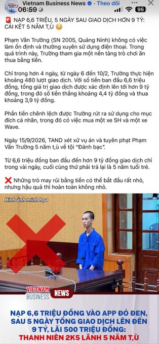 A Vietnamese news article from Vietnam Business News about a man named Pham Van Truong who was sentenced to 5 years in prison for his involvement in a black credit gambling app called 'Dan bac'.
