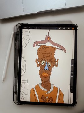 A digital illustration displayed on a tablet screen, showing a stylized portrait of a man with a mustache, crying with a blue tear, with what appears to be a coat hanger on his head.
