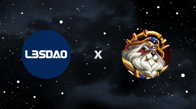 A promotional graphic featuring the L3SDAO logo (blue circle) and a lion mascot character with an 'X' between them, set against a starry night background.
