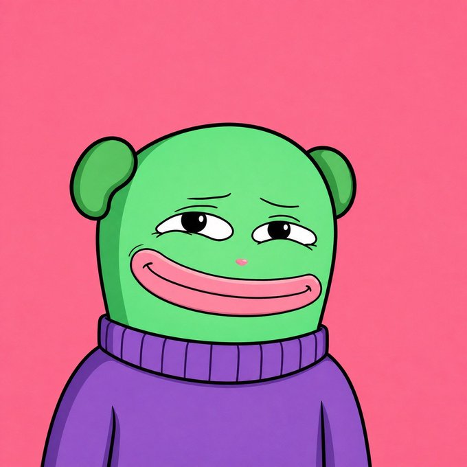 A cartoon illustration of a green frog-like character with a smug smile, wearing a purple sweater against a pink background.