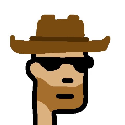 Simple cartoon illustration of a character's head and shoulders, featuring tan skin, a brown cowboy hat, dark hair, and black sunglasses.