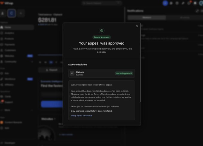 A dark-themed dashboard displays a modal notification reading "Your appeal was approved," confirming that a previously suspended "Clipbook Business" account has been reinstated following a Trust & Safety review. The image visually supports the post's announcement of the campaign being restored, with the reinstated account enabling the $10,690 in frozen funds to clear back into the campaign and trading fees funding the $20,356 budget.