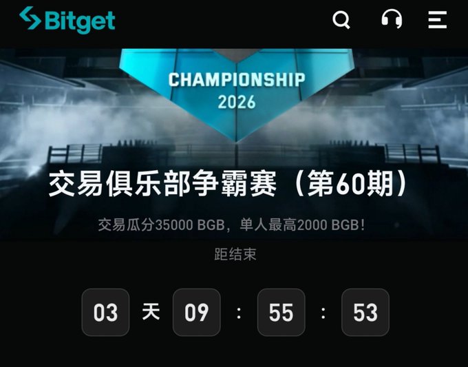 A Bitget app screen advertising 'CHAMPIONSHIP 2026' Trading Club Competition (Episode 60) with a prize pool of 35,000 BGB, showing a countdown timer.
