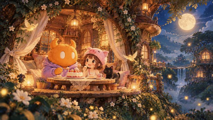 A whimsical, fantasy illustration of a young girl in a pink hat sharing cake with a yellow creature, sitting in a flower-covered treehouse under a full moon.