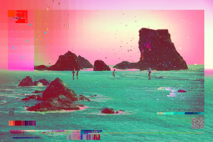 A glitchy, stylized digital artwork shows a vibrant pink and teal seascape with rocky islands and small figures in the water, featuring retro tech artifacts and color palettes.