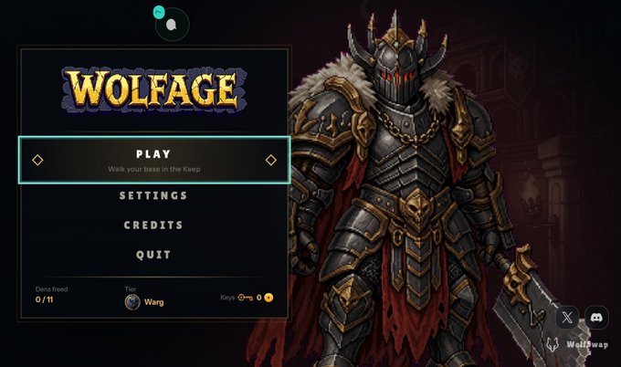 The main menu screen of a video game called "WOLFAGE," featuring a heavily armored warrior character on the right and menu options including "PLAY," "SETTINGS," "CREDITS," and "QUIT."