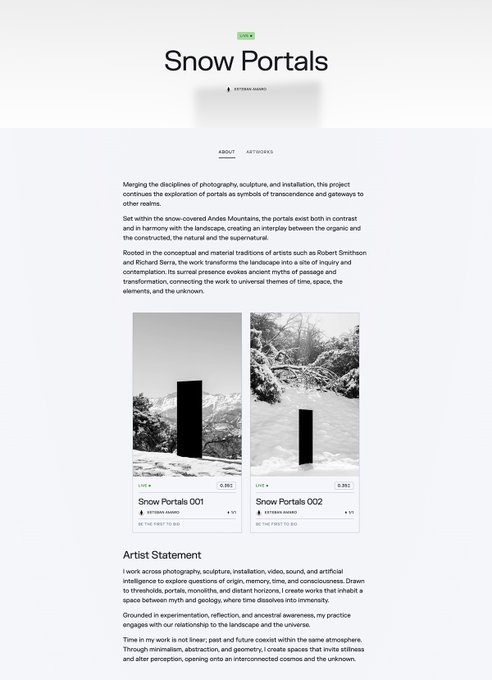 A webpage titled 'Snow Portals' by 'artzenis board' describing an artwork project merging photography, sculpture, and installation, set within snow-covered Andes Mountains.