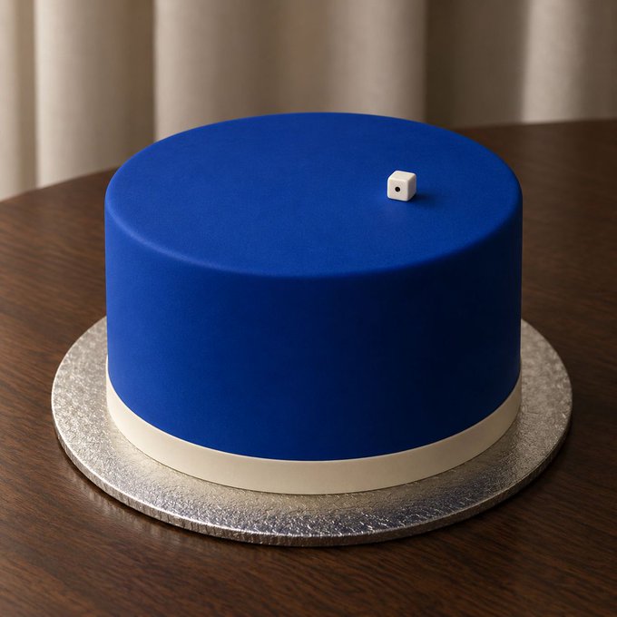A round blue fondant cake with a white trim at the base and a small white cube decoration on top, displayed on a silver board on a dark wooden table.