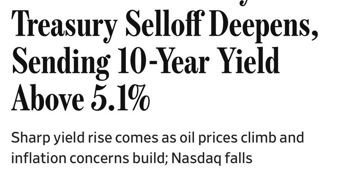 A headline reads "Treasury Selloff Deepens, Sending 10-Year Yield Above 5.1%" with a subheading noting that the sharp yield rise comes as oil prices climb, inflation concerns build, and the Nasdaq falls. This illustrates the post's point about how rate hikes have failed to calm bond yields, with the 10-year Treasury yield breaching 5.1% amid persistent inflation worries.
