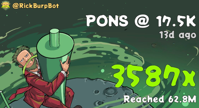 A promotional graphic featuring a cartoon man holding a large green object with text reading '@RickBurpBot', 'PONS @ 17.5K', '3587x', and 'Reached 62.8M'.