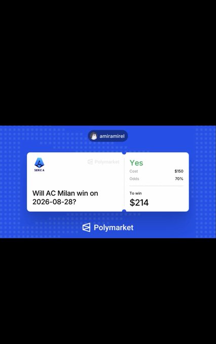 A screenshot from Polymarket shows a prediction market on whether AC Milan will win on 2026-08-28 in Serie A, with a "Yes" position at 70% odds, costing $150 for a potential return of $214, posted by user @amiramirel. The image directly supports the accompanying post about betting on AC Milan to win their Serie A match against Venezia.