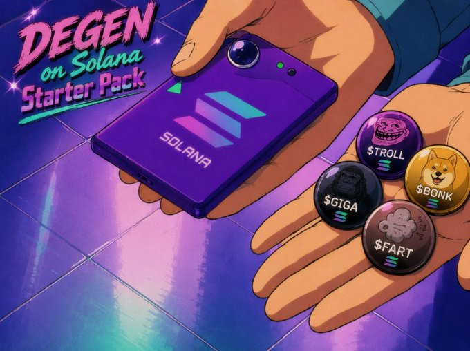 The image features a person holding up a purple cell phone with a logo for Solana, along with four different colored buttons labeled "SOLANA", "STROLL", "GIGA", and "FART". The background of the image is blue, which complements the purple color of the cell phone. The text in the image reads "DEGEN on Solana Starter Pack" and "SOLANA", indicating that this is a promotional post for a gaming company's new starter pack.