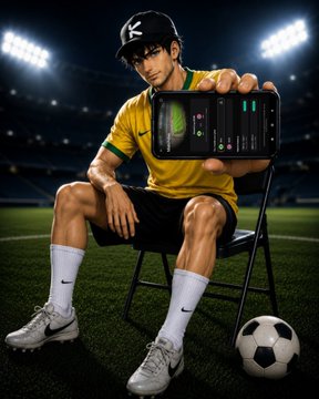 An AI-generated image of a soccer player in a yellow Brazil-style jersey and black "K" cap sitting on a chair on a stadium field, holding up a tablet displaying an interface, with a soccer ball at his feet.