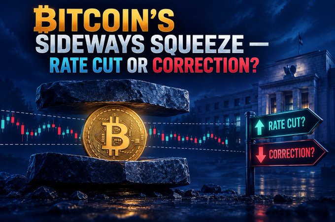 A golden Bitcoin is shown wedged between two stone slabs in front of the Federal Reserve building, with neon signs reading "RATE CUT?" (green up arrow) and "CORRECTION?" (red down arrow), accompanied by the headline "BITCOIN'S SIDEWAYS SQUEEZE — RATE CUT OR CORRECTION?" The image visually reinforces the post's point that Bitcoin's stagnation near $77K is the market pausing between competing catalysts—potential Fed rate cuts signaled by Waller's dovish comments pushing for upside, versus the risk of a correction after late August's liquidity-driven rally.