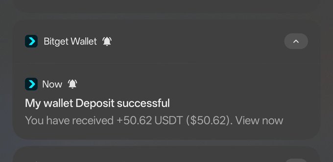 A Bitget Wallet notification confirming a successful deposit of +50.62 USDT ($50.62) to the user's wallet.