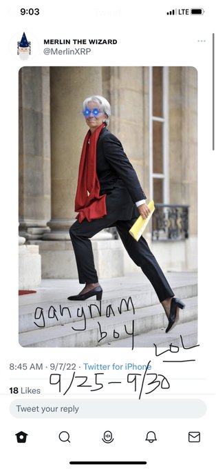 A Twitter post by 'MERLIN THE WIZARD' (@MerlinXRP) showing a photo of a person in a suit with glowing blue eyes, with handwritten annotations 'gangnam boy lol' and '9/25-9/30' on the image.