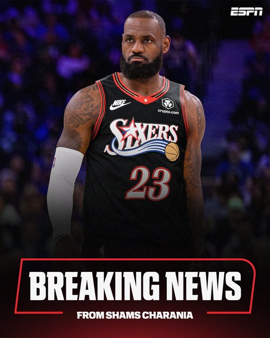 ESPN's "Breaking News" graphic, reported by Shams Charania, shows LeBron James photoshopped into a Philadelphia 76ers #23 jersey alongside a crypto.com sponsor patch — visually illustrating the post's joke about a "token" (LeBron's career value) migrating to a niche chain (the 76ers) to revive relevance, with the mismatched jersey and sponsor serving as the punchline tying his declining prime to a struggling altcoin.