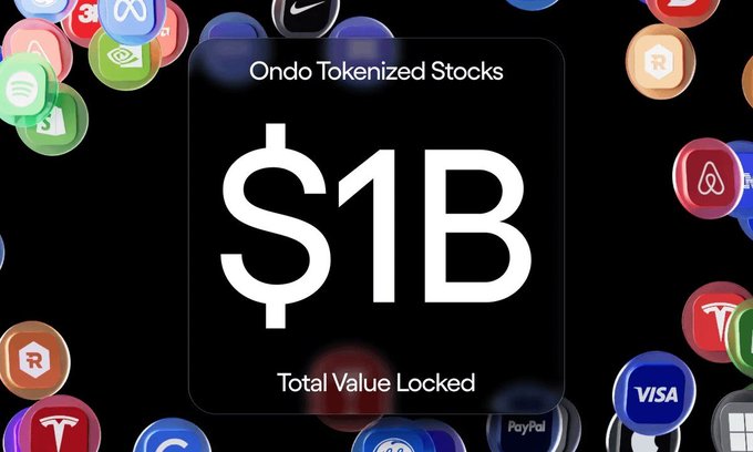 A graphic showing 'Ondo Tokenized Stocks' with '$1B Total Value Locked' displayed prominently, surrounded by various brand logos including Tesla, VISA, and Meta.