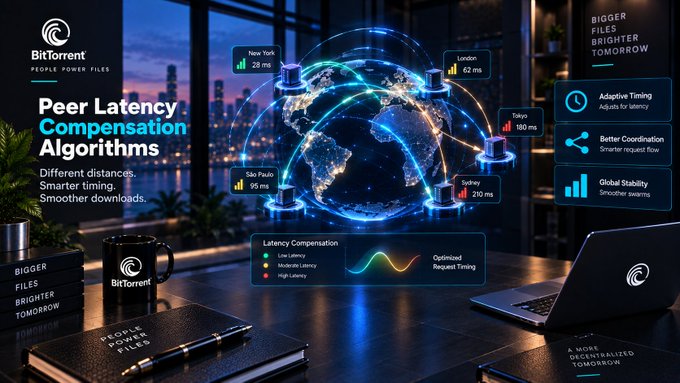 A BitTorrent marketing graphic titled 'Peer Latency Compensation Algorithms' featuring a glowing globe with latency data for cities including New York (28 ms), London (62 ms), Tokyo (180 ms), São Paulo (95 ms), and Sydney (210 ms), highlighting features like 'Adaptive Timing', 'Better Coordination', and 'Global Stability'.