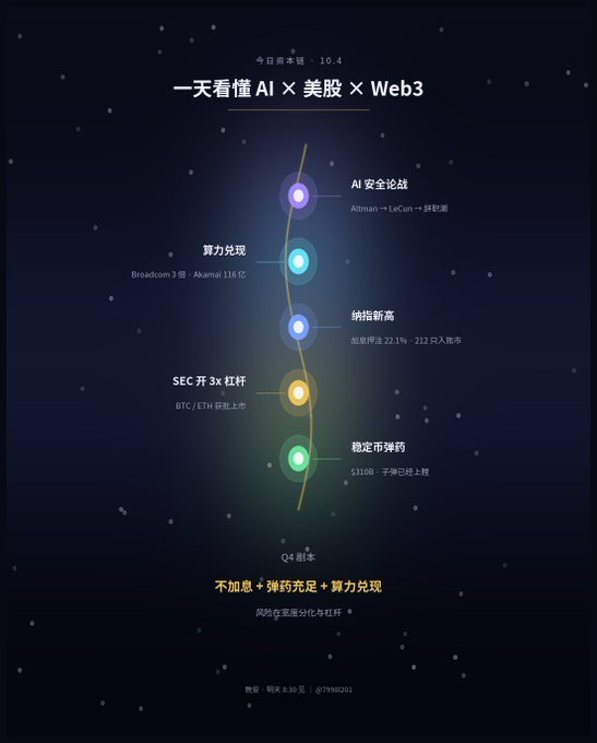 An infographic titled '一天看懂 AI × 美股 × Web3' (Understand AI × US Stocks × Web3 in one day) displaying a timeline from Q3 to Q4, highlighting topics such as AI safety, computing power breakthroughs, SEC 3x leverage, and stablecoins.