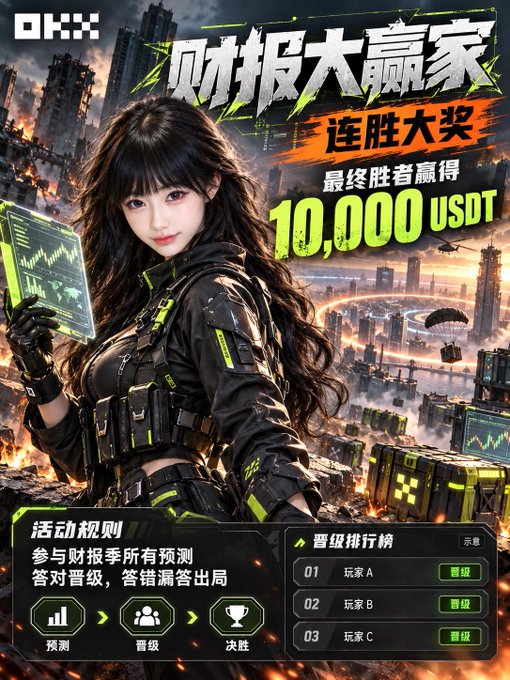 A promotional graphic for the OKX "财报大赢家" (Earnings Report Big Winner) trading competition features a futuristic female character holding a holographic trading chart, with the city skyline and parachuting cargo crates in the background. The ad highlights a "连胜大奖 10,000 USDT" (Streak Jackpot of 10,000 USDT) prize for the final winner, alongside activity rules showing a progression of 预测 (Predict) → 晋级 (Advance) → 决胜 (Final), and a sample tier ranking leaderboard with three players (玩家A, B, C) — visually reinforcing the post's theme of a battle royale-style earnings prediction challenge.