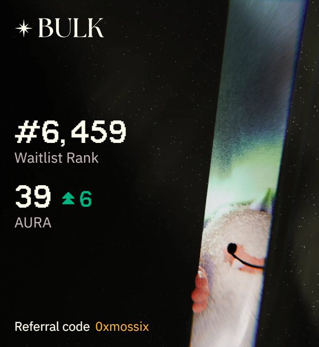 A promotional graphic for BULK showing a waitlist rank of #6,459 and an Aura score of 39 (up 6), with referral code "0xmossix," accompanied by a partially visible plush character peeking from the right edge—visually reinforcing the post's message about BULK's focus on low-latency trading infrastructure and its Aura-based reputation metrics.