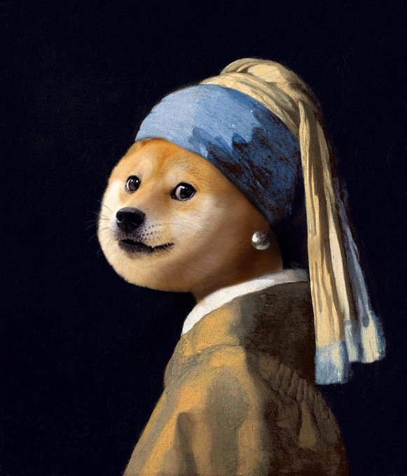 The image features a Dalmatian dog wearing a hat that looks like it was designed by Vincent Van Gogh, reminiscent of the famous painting "Starry Night" by the Dutch post-impressionist artist. The dog's pose suggests it is posing for the camera, and its expression gives the impression that it is looking directly at the viewer with a surprised look on its face, possibly in response to something happening around it or an unexpected event captured in the image.