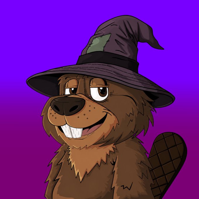 A cartoon illustration of a smiling brown beaver wearing a patched purple witch's hat against a purple gradient background.
