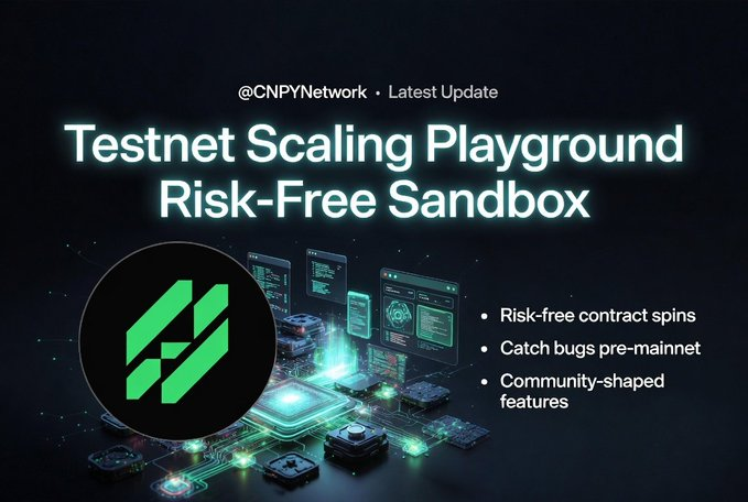 Promotional graphic from @CNPYNetwork announcing a 'Testnet Scaling Playground' described as a 'Risk-Free Sandbox' with bullet points highlighting risk-free contract spins, catching bugs pre-mainnet, and community-shaped features.
