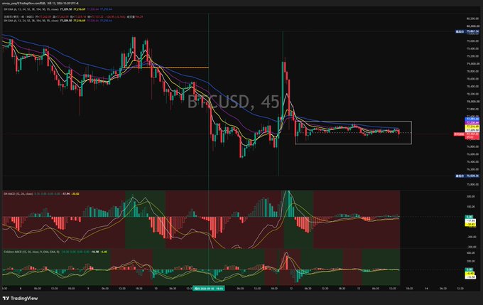 A TradingView chart displaying the BTCUSD pair on a 45-minute timeframe, showing price action with moving averages and an MACD indicator in the lower panel.