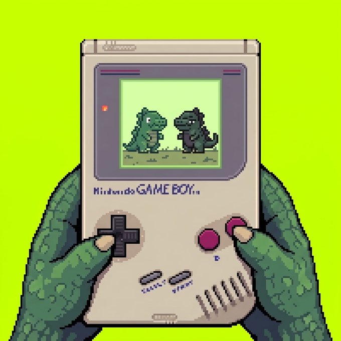 Pixel art of green dinosaur-like hands holding a Nintendo Game Boy displaying two small dinosaurs on its green screen against a bright green background.