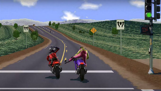Two motorcyclists race side-by-side on a highway in what appears to be a vintage video game, with a traffic signal showing green and an LED sign reading "1257." The retro, low-resolution graphics evoke nostalgia for late-2000s gaming, humorously reinforcing the post's sentiment about wasting time on trivial pursuits instead of investing in Bitcoin during its early, affordable years.