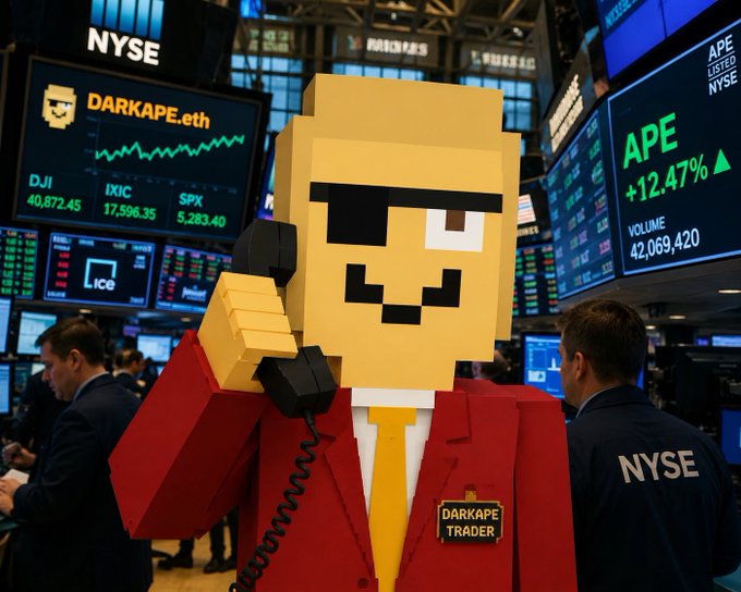 A voxel/3D pixelated character in a red suit holding a phone at the NYSE, with screens displaying DARKAPE.eth, DJI 40,872.45, and APE +12.47%.