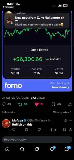 A screenshot of a social media post showing the same 'unipcs' stock card from the 'fomo' app, with a notification from 'Zuko Nakamoto' and engagement metrics visible below.