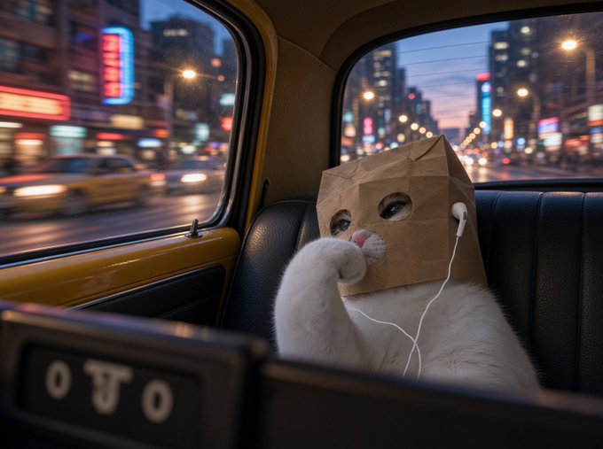 A white cat wearing a brown paper bag over its head sits in the backseat of a yellow taxi, with earbuds plugged in and one paw raised to its face like a facepalm, while neon city lights blur past the windows. The "FUCK IT ZCAT MODE" caption perfectly captures the image's mood of giving up and tuning out the world, embodied by the cat's resigned posture and the word "TOO" visible on a meter or sign in the foreground.