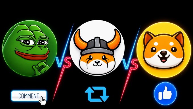 YouTube-style thumbnail featuring three circular crypto coin mascots (Pepe green frog, Floki-style Shiba inu with Viking helmet, and a Shiba Inu) separated by 'VS' text, with Comment, Refresh, and Like icons at the bottom.