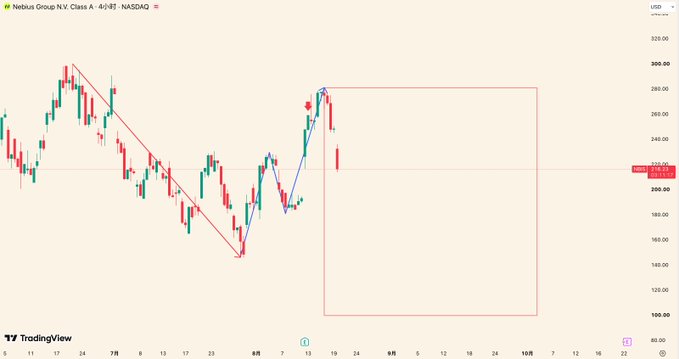 A TradingView chart of Nebius Group N.V. (NBIS) on NASDAQ shows a descending red trendline from highs near $320 down to a low around $100, with a short blue upward rebound segment near $225 and a red rectangular box highlighting the current price level around $232.37, illustrating the post's analysis of a rebound that may have ended before retracing to the entry price.