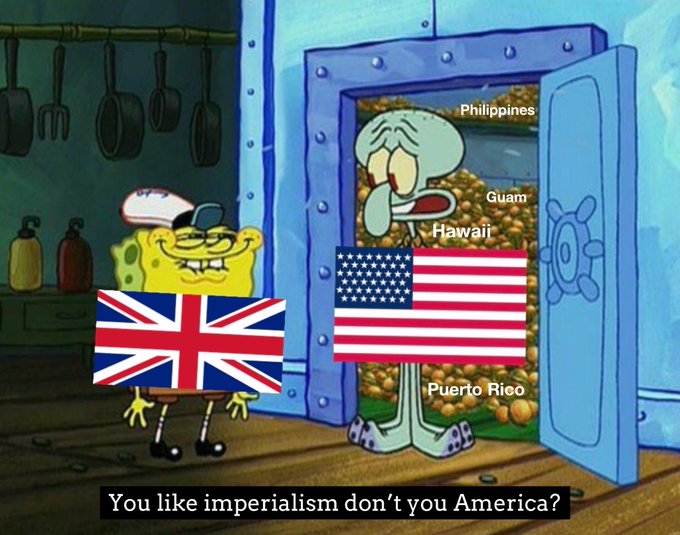The image features two cartoon characters - one holding an American flag and another holding a British flag. The caption below them reads, "You like imperialism don't you America?". This humorous statement suggests that the person holding the British flag might be trying to convey their disapproval of American imperialism or superiority.

In addition to the main post, there are several other posts in the image, including one about Puerto Rico and another about Guam. These posts provide context and further information related to the characters' stances on imperialism.