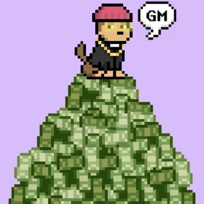 A pixel art character wearing a red cap sits atop a green pixelated mountain with a speech bubble reading 'GM' against a purple background.