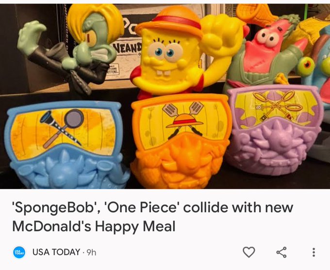 A USA Today news screenshot showing McDonald's Happy Meal toys featuring SpongeBob SquarePants and One Piece characters, with the headline ''SpongeBob', 'One Piece' collide with new McDonald's Happy Meal' posted 9 hours ago.