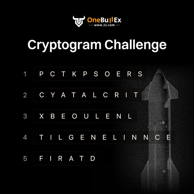 The image is a promotional "Cryptogram Challenge" graphic from OneBullEx (www.11.com), featuring five scrambled letter puzzles that users must decode to win a share of the giveaway. The challenges displayed are: 1) PCTKKPSOERS, 2) CYATALCRIT, 3) XBEOULENL, 4) TILGENELINNCE, and 5) FIRATD.