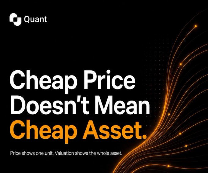 A digital advertisement for an app or platform called 'Quant' with the slogan 'Cheap Price Doesn't Mean Cheap Asset.' and the tagline 'Price shows one unit. Valuation shows the whole asset.' on a black background with orange light streaks.
