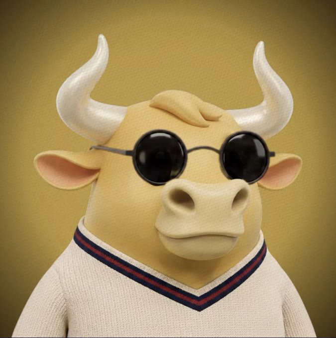A 3D-rendered cartoon bull character wears round black sunglasses and a striped V-neck sweater against a yellow background.