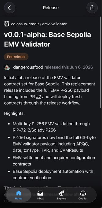 The image shows a screenshot of an app's release page, which displays information about the release process for the EMV (Cardinal) credit card reader. The text on the screen indicates that the release has been confirmed, and the app is now live on base-sepolia. This means that users can access the app without any issues or limitations, as it has been officially released to the public.