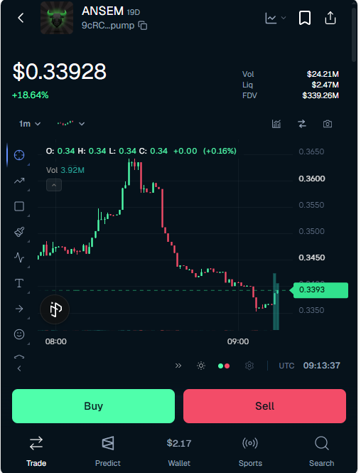 Trading app screenshot showing ANSEM token at $0.33928 (+18.64%) on the 9cRC...pump pair with $24.21M volume and $339.26M FDV, displayed with a 1-minute candlestick chart.