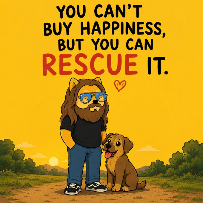 The image shows a cartoon illustration of a dog-headed character with long brown hair, sunglasses, and a black t-shirt standing next to a happy brown rescue dog against a sunny yellow background, with the text "YOU CAN'T BUY HAPPINESS, BUT YOU CAN RESCUE IT." The illustration ties directly to the post's message by promoting pet adoption, suggesting that rescuing a dog brings genuine happiness.