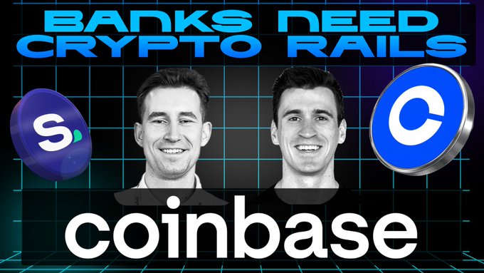 A graphic titled 'BANKS NEED CRYPTO RAILS' featuring two smiling men, logos for Stripe and Coinbase, and the Coinbase name at the bottom against a blue grid background.