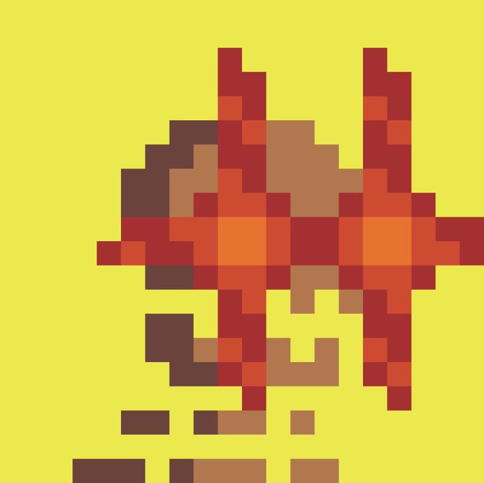 Pixel art of a red and orange retro character on a bright yellow background.