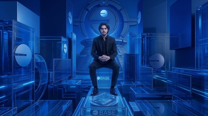 A man in a dark suit sits on a cube labeled "BASE" within a futuristic, blue-lit geometric room featuring glass displays with circular Base logos.